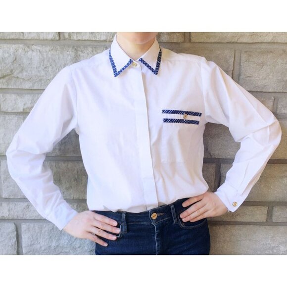 Vintage Blue Trimmed White Button Down Top - Picture 3 of 4